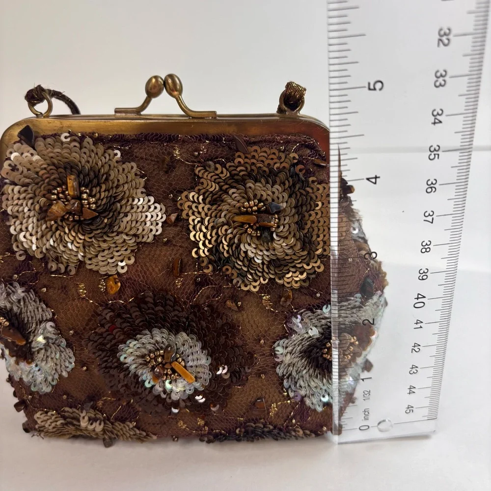 SANTI Y2K Brown Silk Beaded Sequin Tiger’s Eye Evening Luxury Hand Bag‎